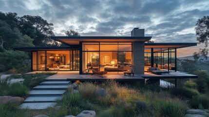 Obraz premium Contemporary glass house with expansive views.