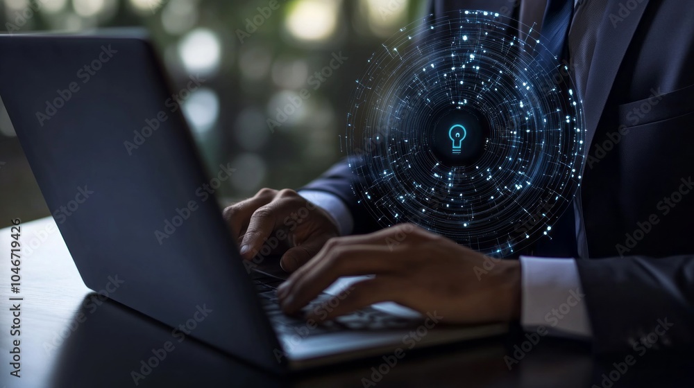 Poster a man is typing on a laptop with a light bulb on the screen