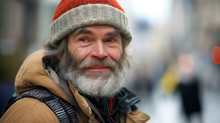 smiling man with beard wearing warm hat and jacket on city street