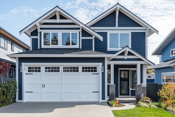 Suburban blue house with dual white garage doors and glass windows.