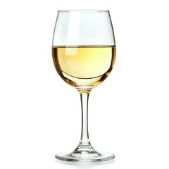 White wine glass filled with golden wine.