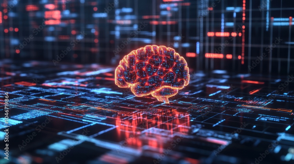 Poster a digital brain surrounded by futuristic data patterns, symbolizing artificial intelligence.