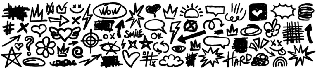 Collection of hand drawn doodles and squiggles for text highlighting sign. Set of design elements with texture of scribbles. Black line brush stroke. Simple cute vector swashes, strokes, note, diagram