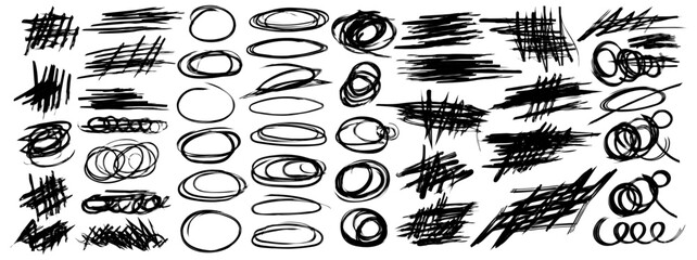 Collection of hand drawn doodles and squiggles for text highlighting sign. Set of design elements with texture of scribbles. Black line brush stroke. Simple cute vector swashes, strokes, note, diagram