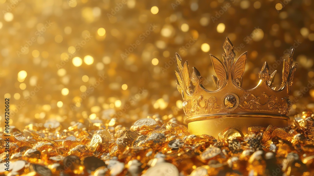 Poster a golden crown rests on a pile of gold coins, symbolizing wealth and power. the background is a soft