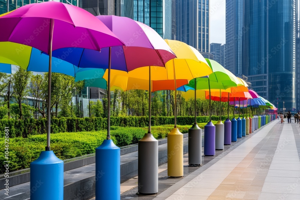 Poster row of colorful umbrellas are lined up on a sidewalk. umbrellas are of different colors and sizes, c