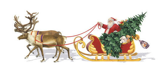 Watercolor reindeer and Santa Claus with Christmas tree