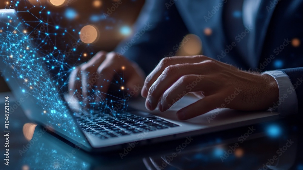 Poster A man is typing on a laptop with a blue screen that has a lot of lines and dots