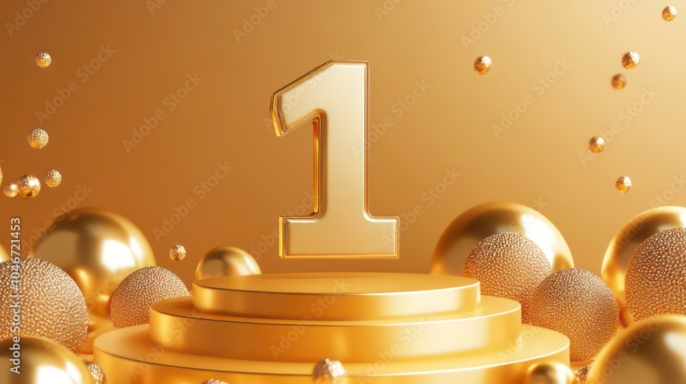 Poster a golden number one on a podium with golden spheres in the background.
