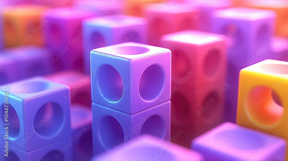 Poster a bunch of colorful cubes with holes in them. the cubes are arranged in a way that they look like th