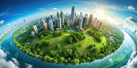 Sustainable world with green cities and nature harmony wide-angle