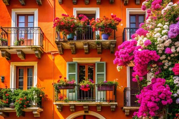 Fototapeta premium Vibrant Orange Building with White Balcony and Pink Flowers - Urban Exploration Photography, Colorful Architecture, Cityscape, Modern Design, Floral Accents, Urban Life, Street Art, Nature in the City