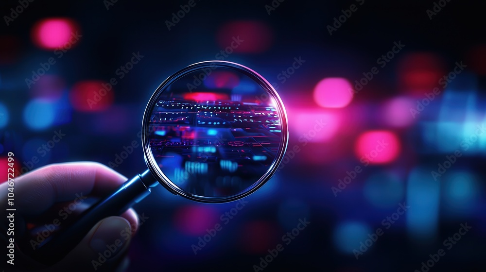 Poster exploring digital realms a close-up view through a magnifying glass