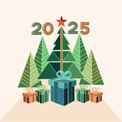 2025 Happy New Year greeting card vector template social media banner design.Hand drawn christmas tree seamless pattern illustration. Vintage style pine drawing background for festive xmas celebration
