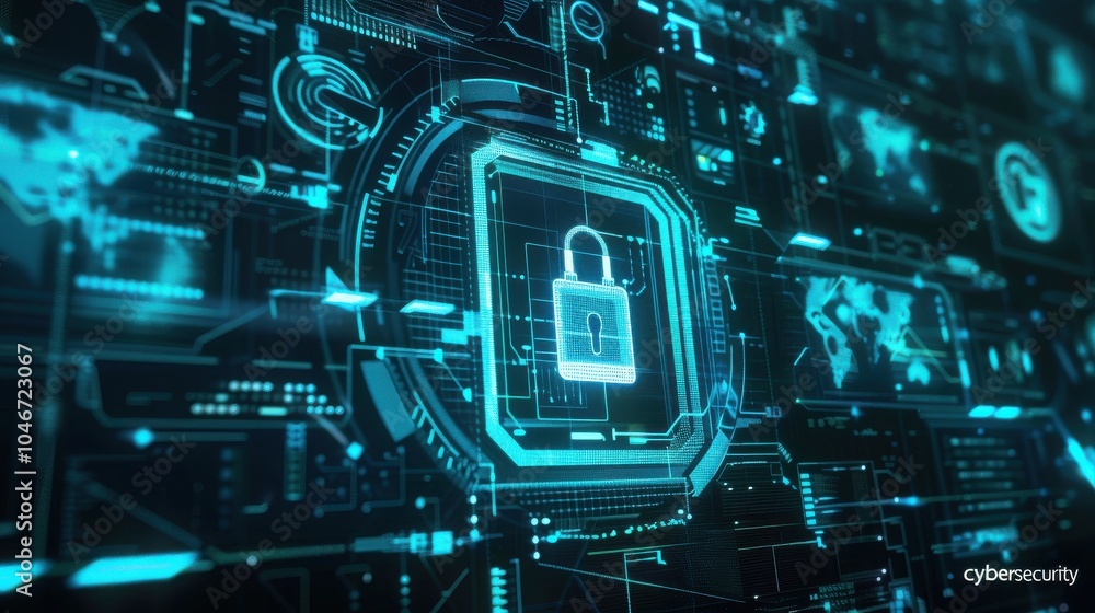Poster futuristic glowing digital padlock interface on blue background. cyber security concept. 3d renderin