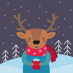 Fototapeta premium Cute deep with cup of coffee, cocoa on a winter background . Hand drawn greeting card