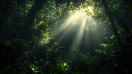 Obraz premium Dark rainforest, sun rays through the trees