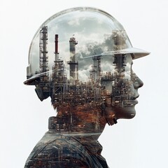 A double exposure image featuring a construction worker's profile with an industrial landscape, symbolizing the fusion of human labor and industry.