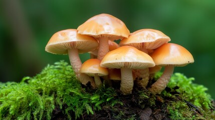 Fototapeta premium Vibrant Orange Mushrooms on Green Moss
