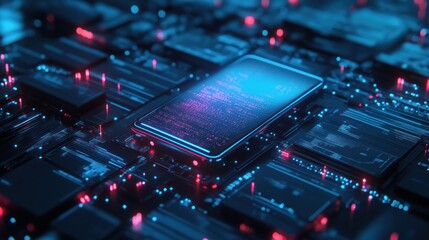 A futuristic depiction of a smartphone surrounded by circuit patterns and glowing data streams.