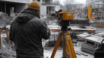 Fototapeta premium A person using a surveying instrument on a construction site.