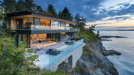 Fototapeta premium Contemporary cliffside home with glass railings.