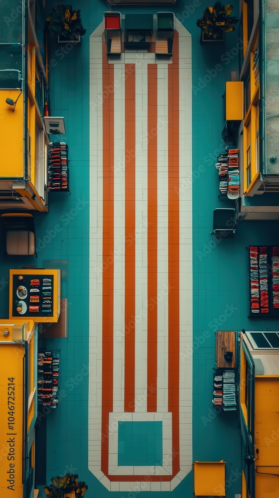 Poster aerial view of a colorful modern space with bold patterns and design elements