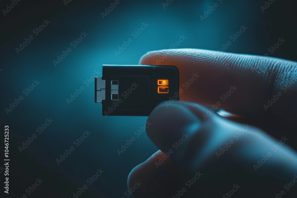 Poster a close-up of a hand holding a usb drive, preparing to plug it into a computer, representing the ris