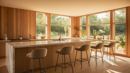 Obraz premium Harmonious Blend of Warm Wood and Sleek Marble in Modern Kitchen