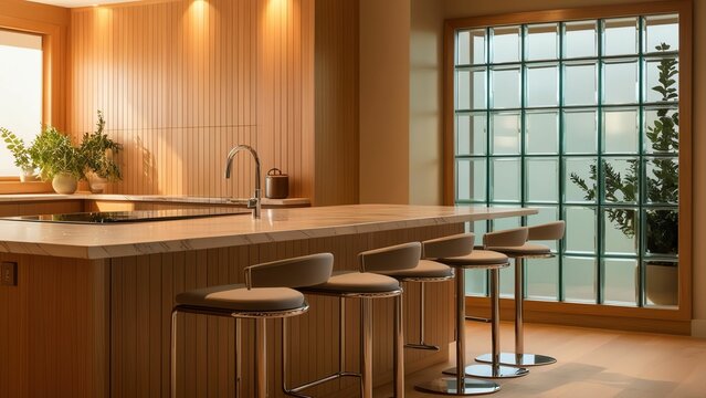 Harmonious Blend of Warm Wood and Sleek Marble in Modern Kitchen