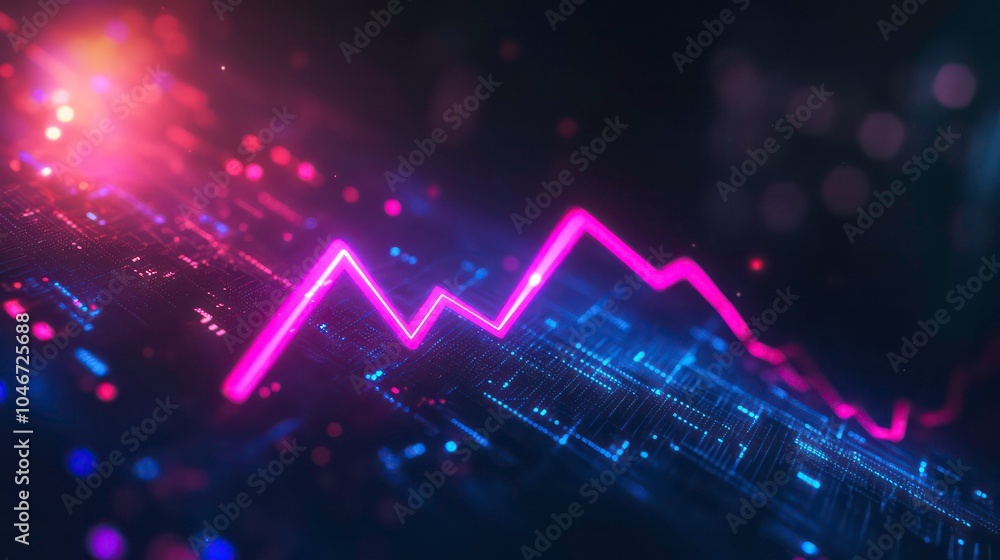 Poster Neon pink line chart rising and falling on a dark background with blue and red glow, representing data and progress.