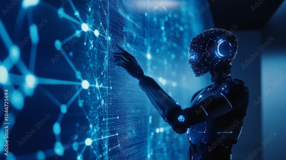 Poster A robot is pointing at a screen with a blue background