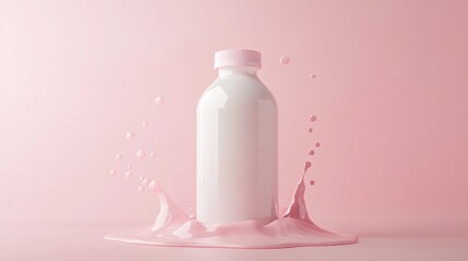 white bottle of milk with pink liquid pouring out, captured on a pastel background in a simple, minimalistic 3D rendering with high details, warm lighting, soft shadows