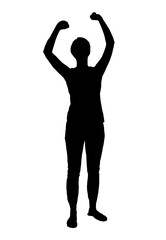 Realistic silhouette of woman enjoying with hands up. Vector illustration.