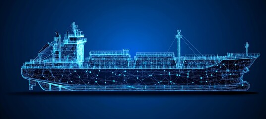 Fototapeta premium Cargo Ship Hologram on Navy Blue Background Logistics, Transportation, and Technology in Shipping.