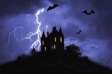 spooky halloween background wallpaper with haunted house during a dark night with moonlight 