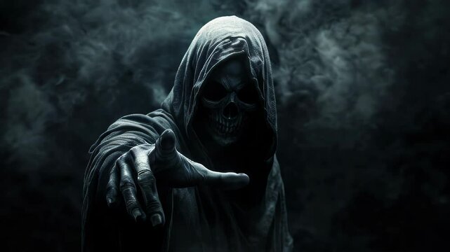 The grim reaper reaching towards the camera over black background
