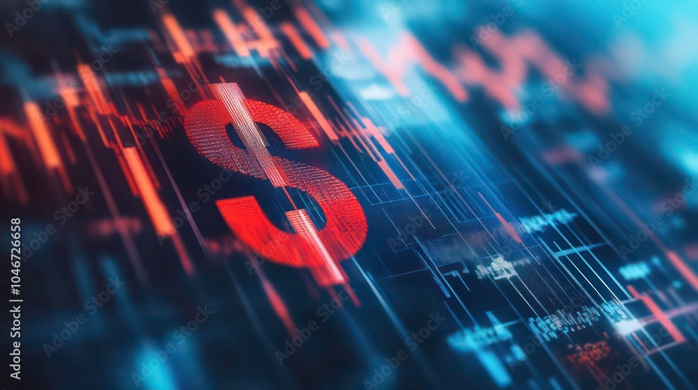Poster a glowing red dollar sign superimposed on a blue and red background of digital data and charts.
