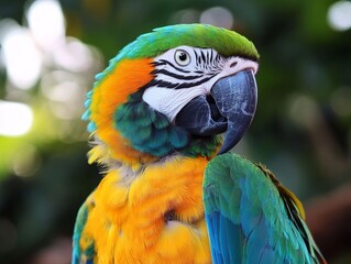 Obraz premium bright plumage, with feathers of green, blue, and yellow standing out vividly against a tropical background.