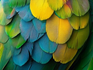 Obraz premium bright plumage, with feathers of green, blue, and yellow standing out vividly against a tropical background.