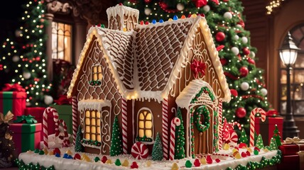 Fototapeta premium Delicious gingerbread house decorated with icing and candy for festive Christmas celebration 