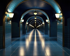 Obraz premium A long, illuminated subway tunnel with blue tiles and glowing lamps, creating an atmospheric perspective.