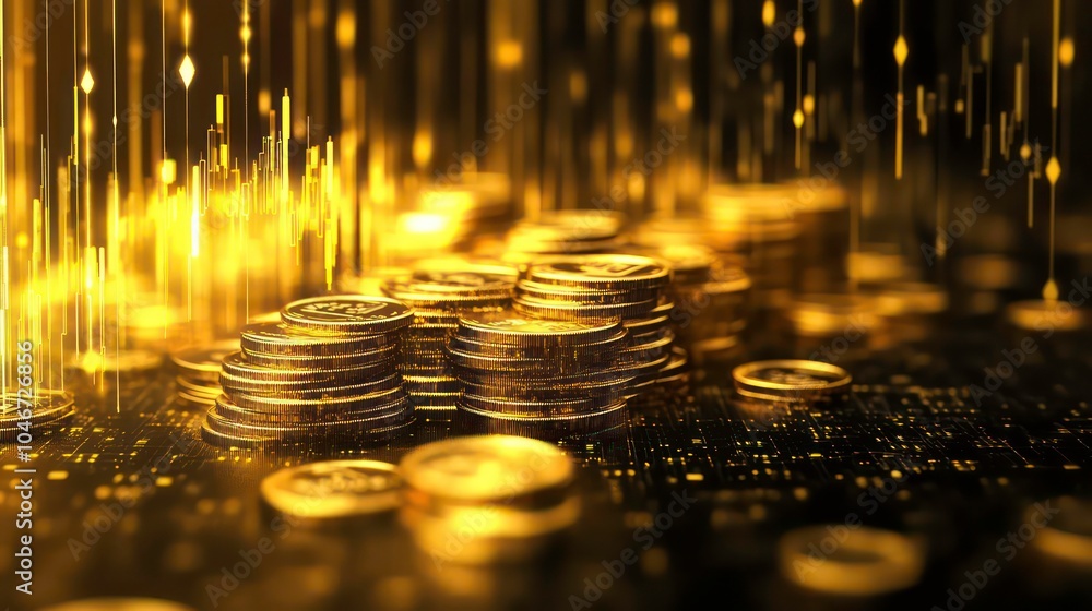 Aufkleber stacks of golden coins on a dark background with glowing lines.