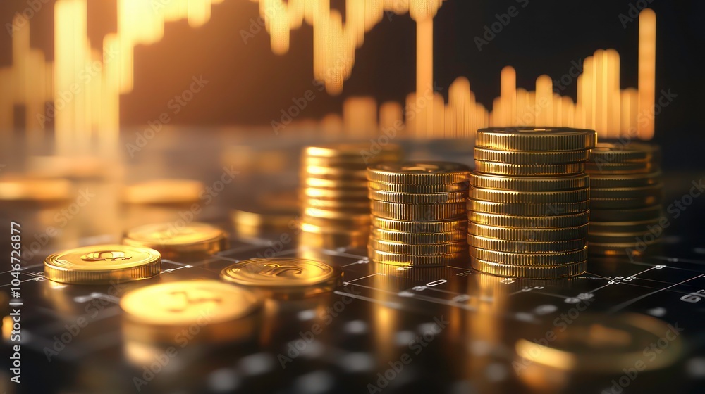 Poster Gold coins stacked on a chart with a blurred background of a financial graph.