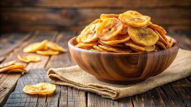 Sweet and crunchy jaggery-coated banana chips on a wooden background