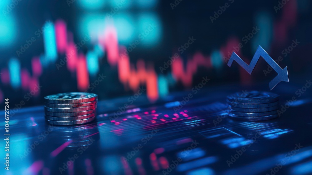 Poster Two stacks of coins with an arrow pointing up on a blurred background of a stock market graph.
