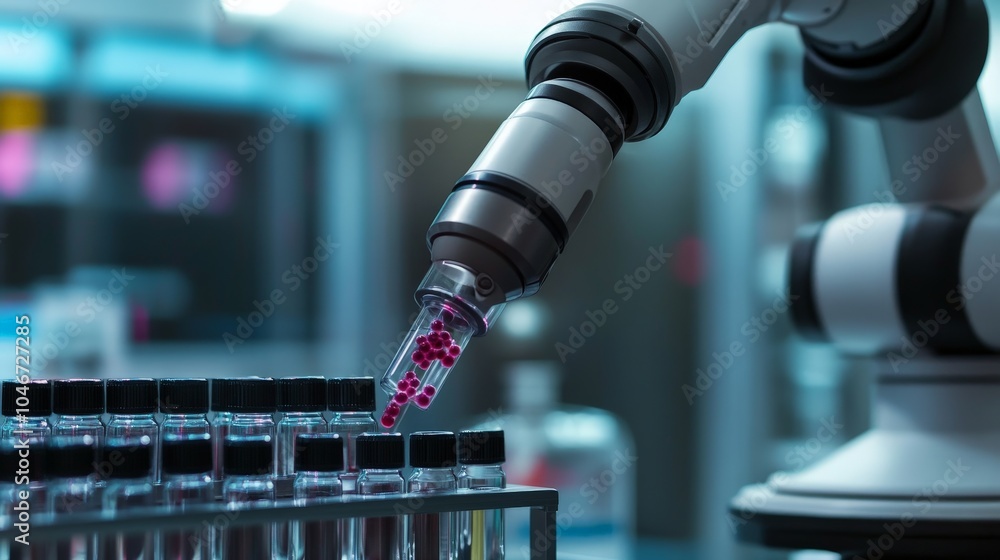 Poster a close-up of a robotic arm in a biotech lab manipulating tiny vials of bioengineered cells for rege