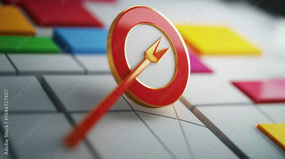 Poster red arrow hitting the center of a target on a grid of colorful squares.