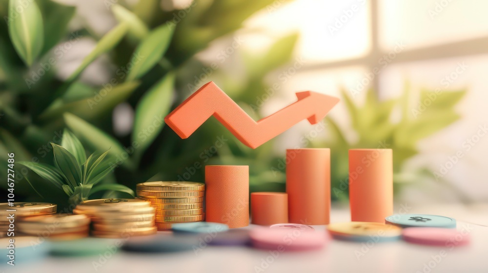 Poster A red arrow pointing upwards on a bar graph with stacks of gold coins and colorful tokens in front of green plants and a window.