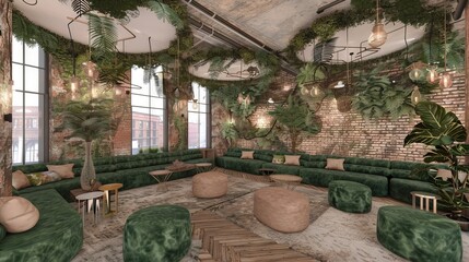 Modern lounge space with lush greenery and exposed brick walls.